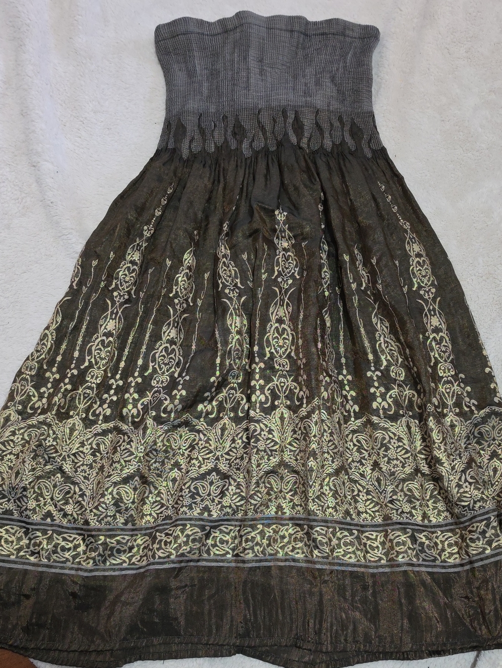 Smocked Waist Brown Maxi Skirt with Metallic Floral Accent